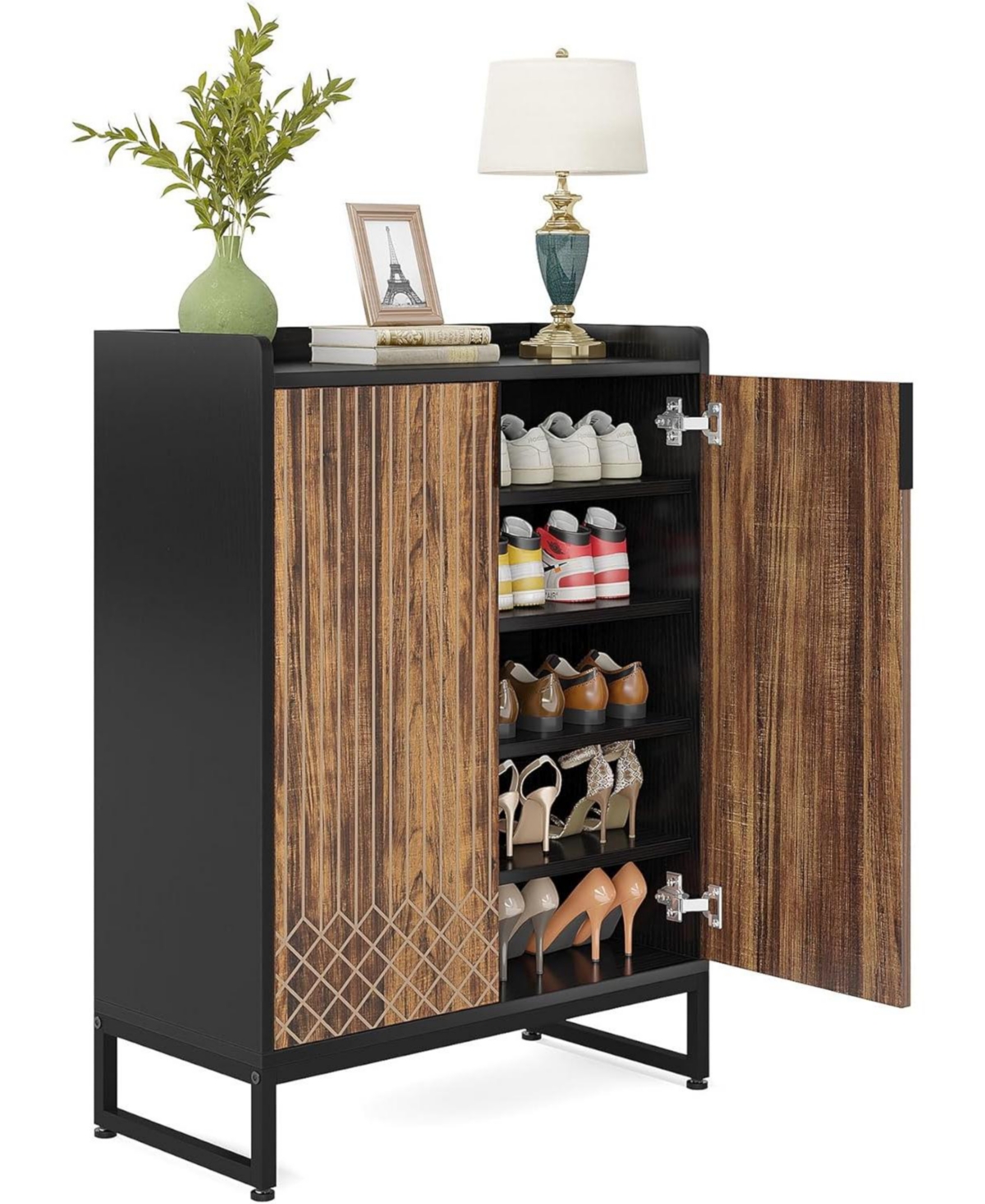 Tribesigns 25 Pair Shoe Cabinets with Doors, 5-tier Modern Shoe Rack Organizer Cabinet, Freestanding Wood Storage Cabinet for Bedroom Hallway Living R