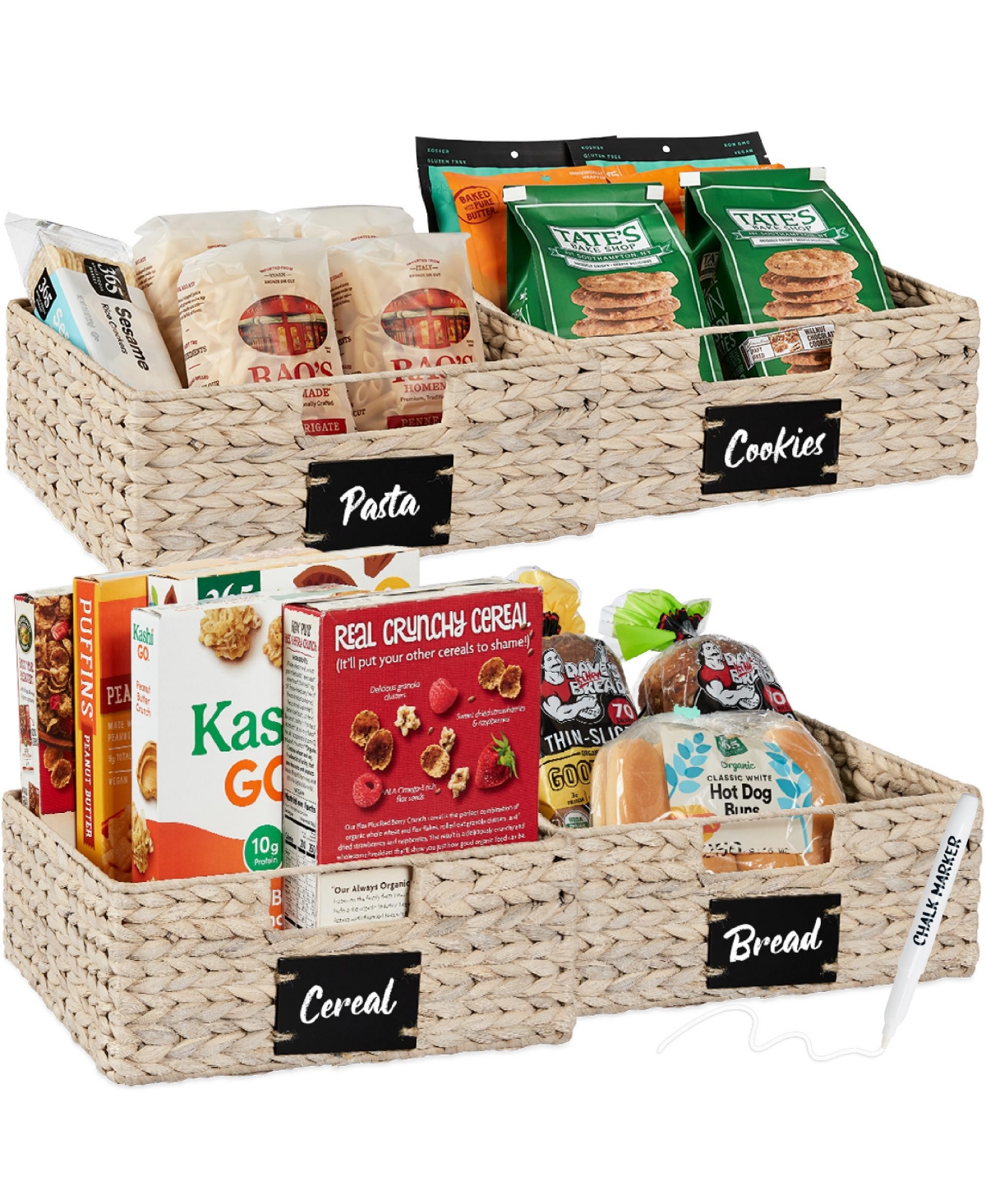 Set of 4 13in Woven Water Hyacinth Pantry Baskets w/ Chalkboard Label, Chalk Marker - Black