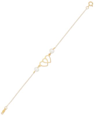 Cultured Freshwater Pearl (4-1/2mm) Double Heart Link Bracelet in 14k Gold
