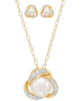 2-Pc. Set Cultured Freshwater Button Pearl (7 & 8mm) & Lab Created White Sapphire (3/8 ct. t.w.) Love Knot Pendant Necklace & M