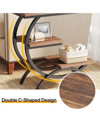 C-shaped End Table, Industrial 3-tier Small Side Table for Couch, Wood Bedside Table Snack Side Table Small Space, Rustic Brown