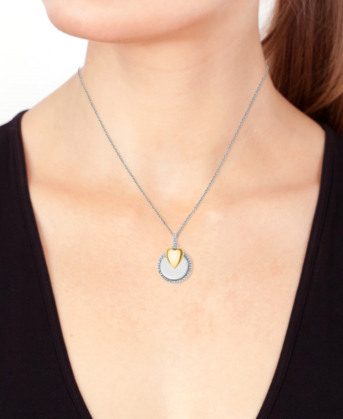 Shop Effy Collection Effy Diamond Disc & Heart Two Charm 18" Pendant Necklace (1/4 Ct. T.w.) In Sterling Silver & Gold-pl In Gold Plated Silver