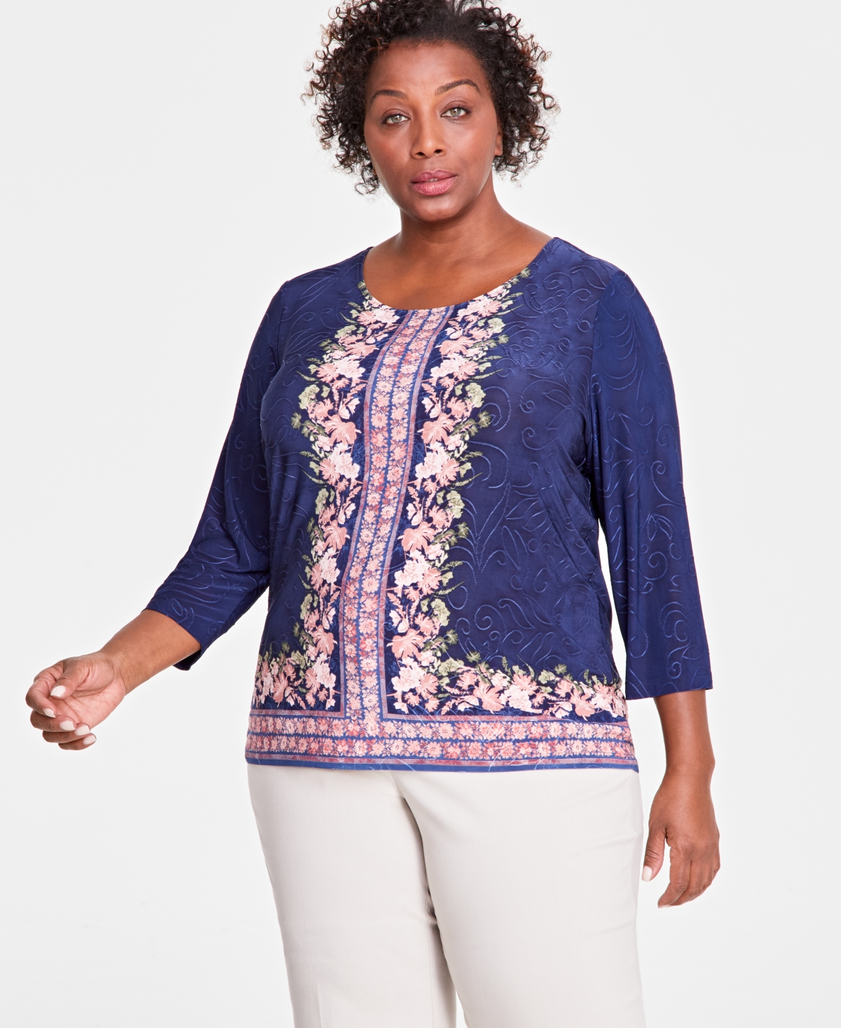JM COLLECTION PLUS SIZE ENCHANTMENT FLORAL JACQUARD TOP, EXCLUSIVELY AT MACY'S 