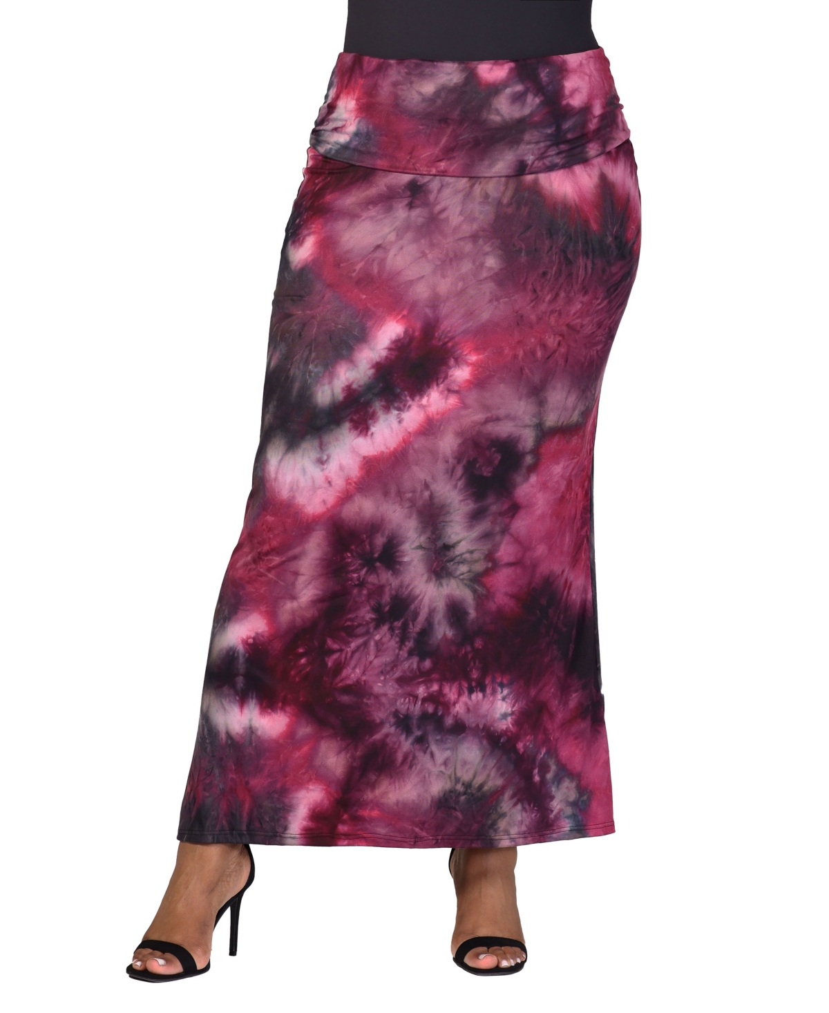 24SEVEN COMFORT APPAREL PLUS SIZE FOLD OVER WAIST PRINTED MAXI SKIRT 