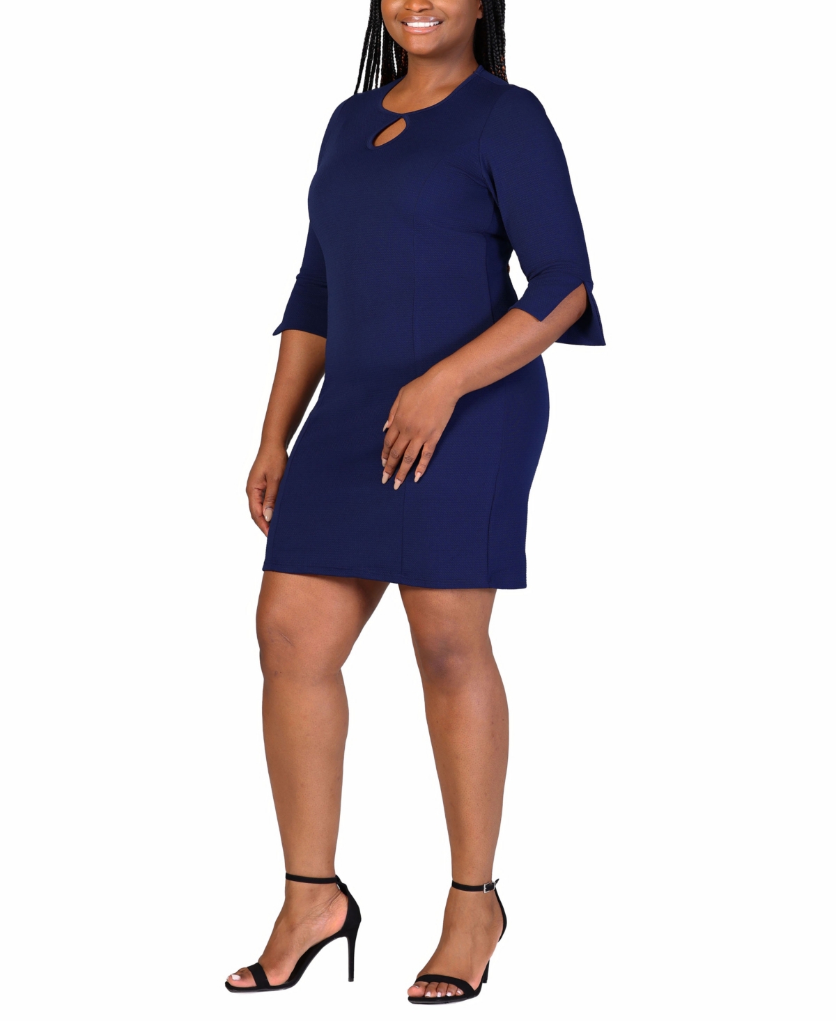 24seven Comfort Apparel Plus Size Three Quarter Sleeve Mini Dress In Navy