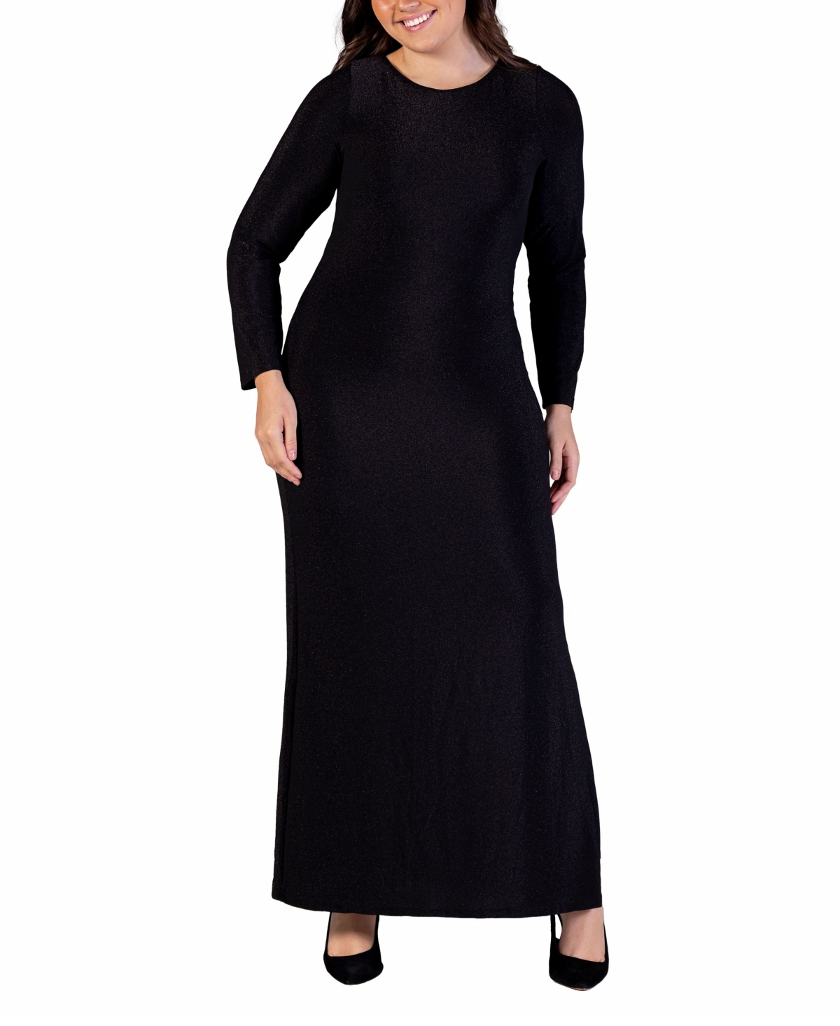 24seven Comfort Apparel Plus Size Long Sleeve Shimmery Maxi Dress In Black