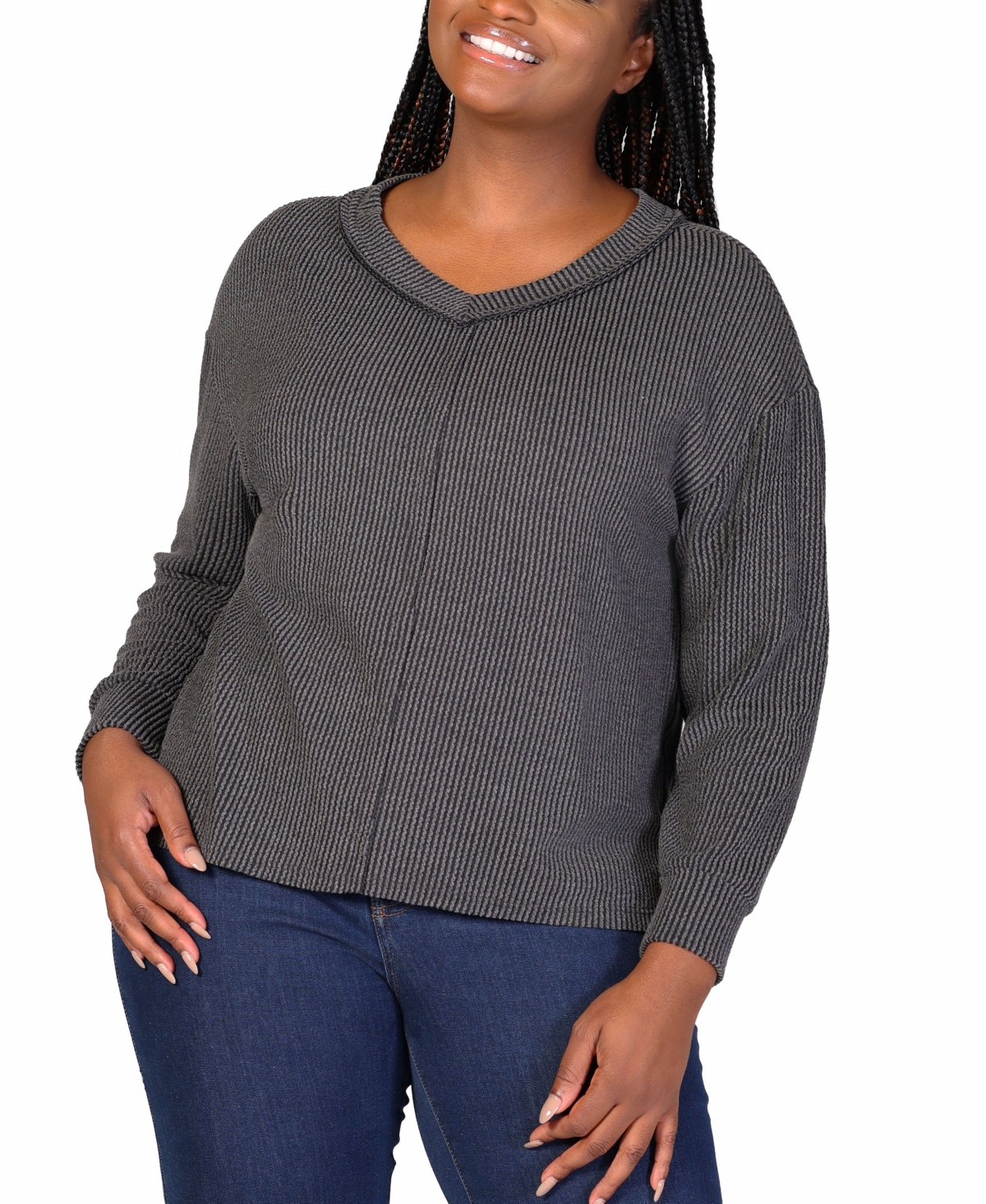 Shop 24seven Comfort Apparel Plus Size Fit Ribbed Knit V-neck Top In Black