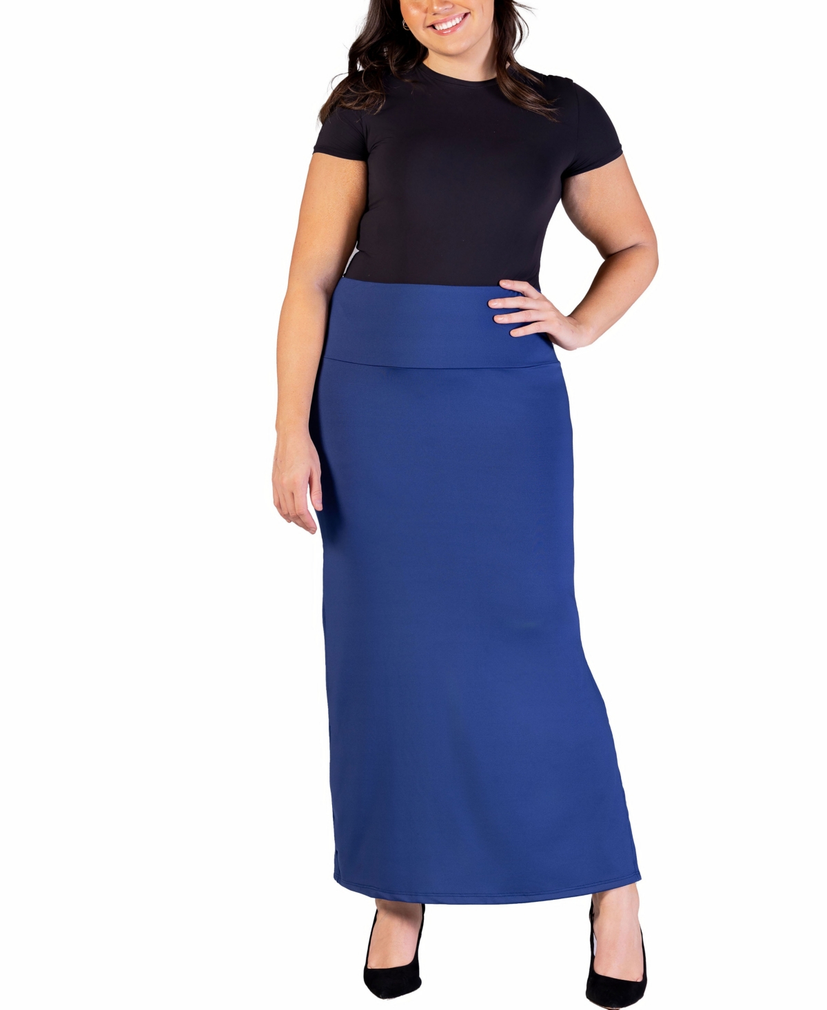 Shop 24seven Comfort Apparel Plus Size Versatile Elastic Waist Maxi Skirt In Navy