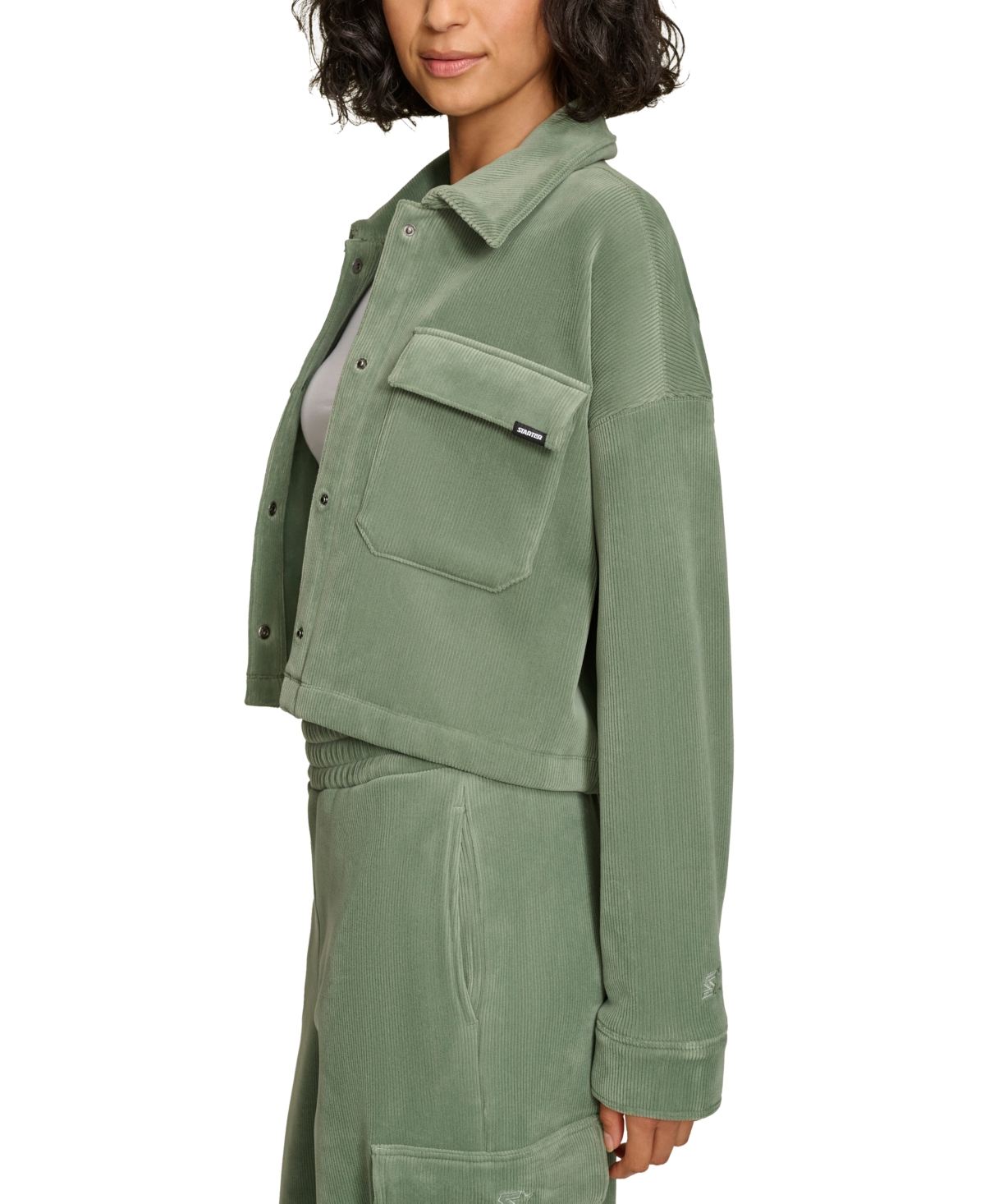 Shop Starter Women's Cropped Snap-front Knit Jacket In Duck Green