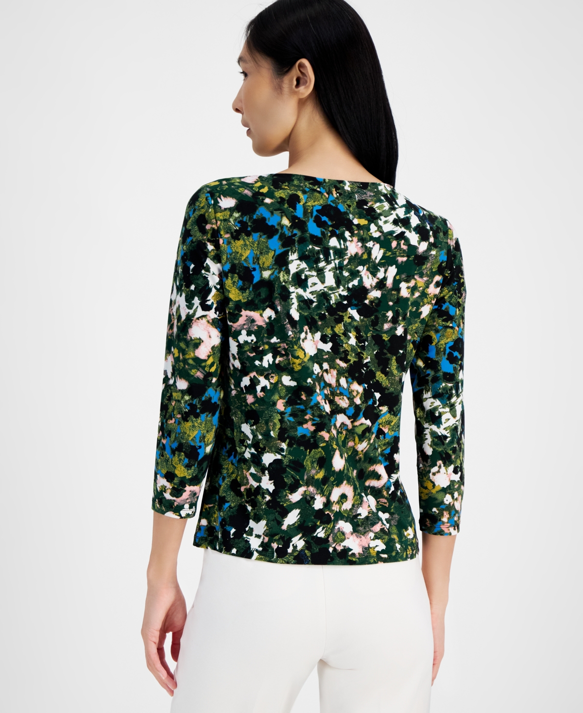 Anne Klein Women's Printed Boat-Neck 3/4-Sleeve Top