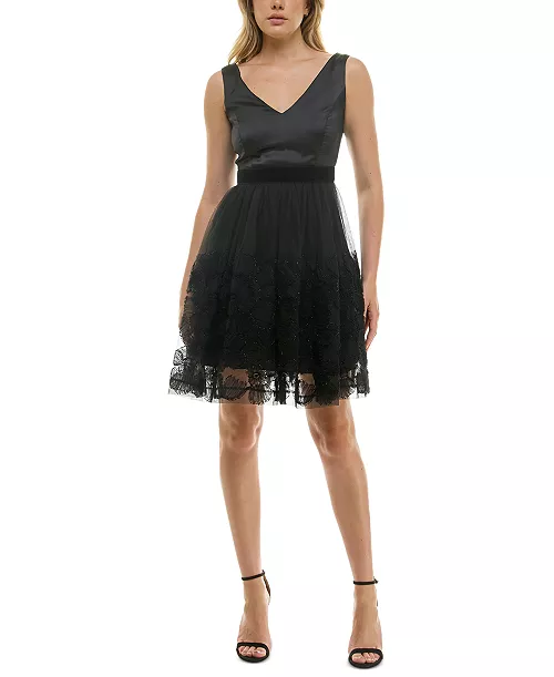 women's embellished mesh skirt fit & flare dress