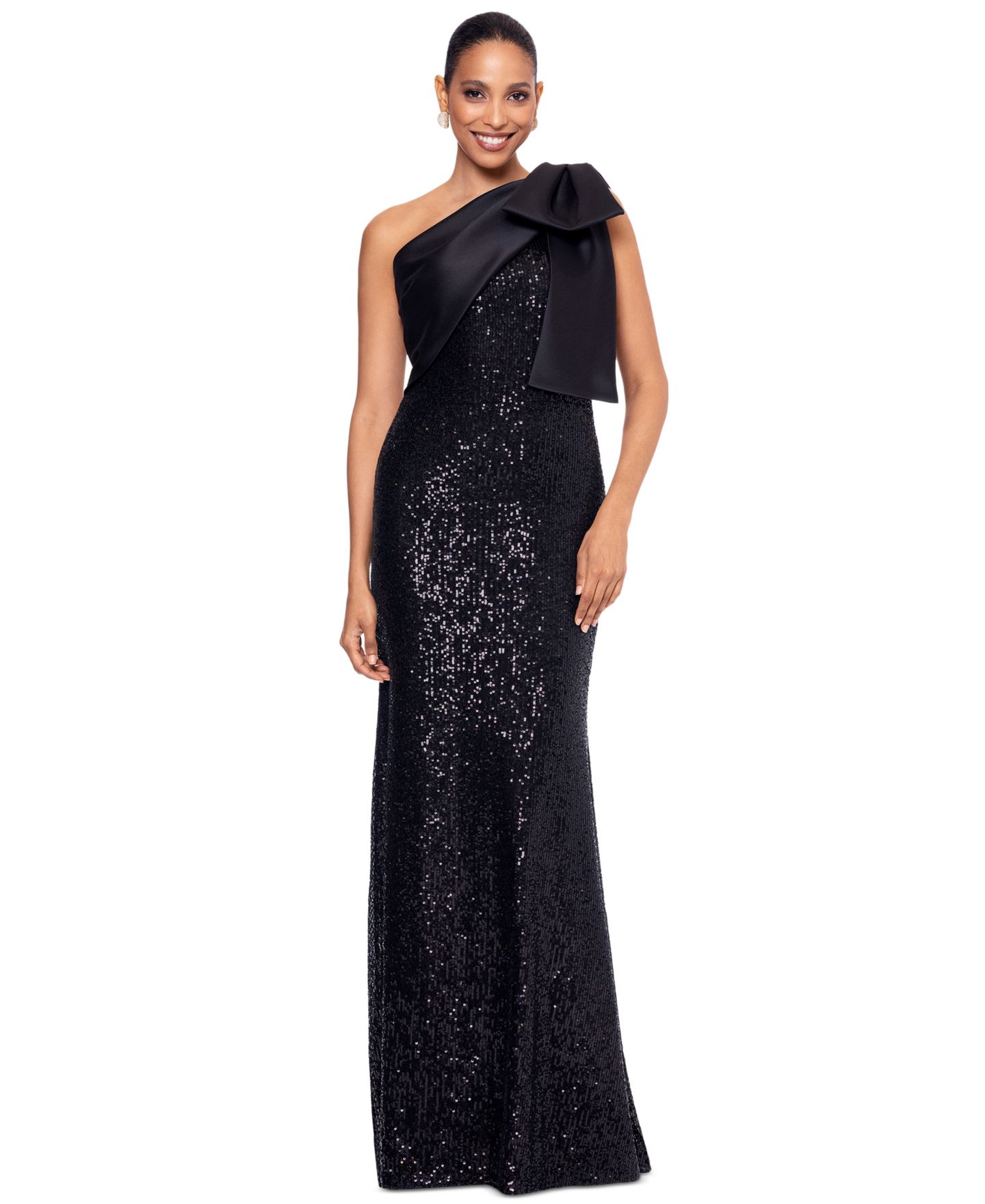 Женские платья Betsy & Adam Asymmetric Sequin Bow Sleeveless Gown, цвет: Чёрный — фото 1