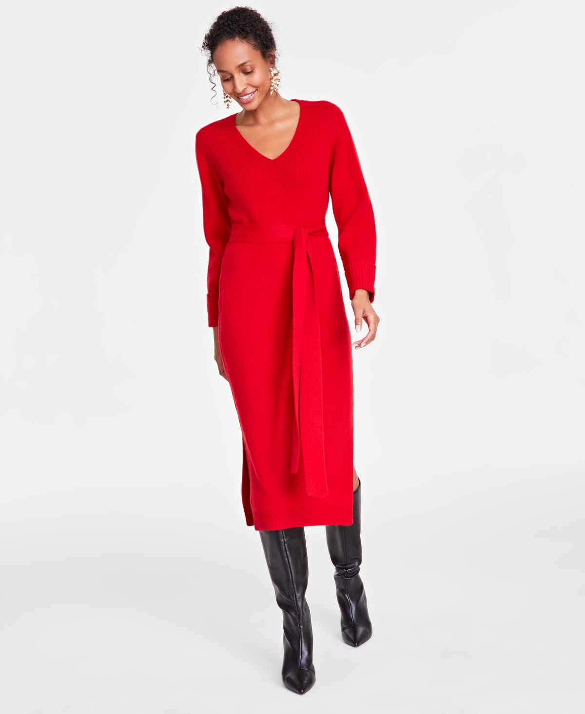 Inc International Concepts Women s Tie waist Sweater Dress Created For Macy s In Red Zenith ModeSens