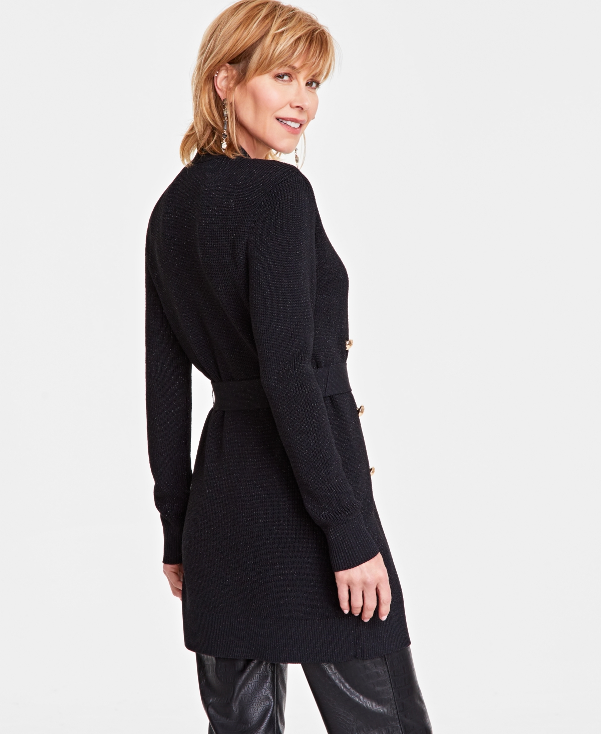 Inc International Concepts Women's Metallic Open-front Cardigan, Created For Macy's In Deep Black
