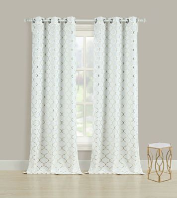 2 Pack Cotton Blend Shabby Metallic Quatrefoil Lattice Ultra Luxurious Grommet Top Window Curtain Panels