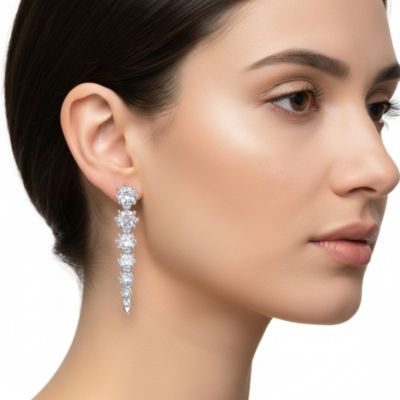 Sterling Silver Cubic Zirconia Linear Fringe Icicle Earrings in White Gold Plated or 14k Gold Plated
