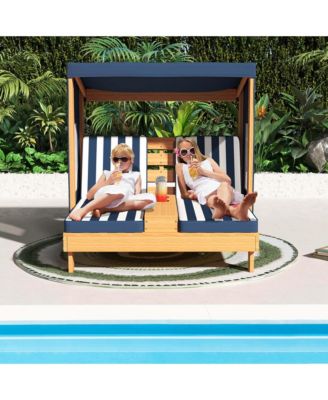 Kids Double Chaise Lounge Patio Lounge Chair with Cup Holders & Awning