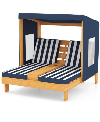 Kids Double Chaise Lounge Patio Lounge Chair with Cup Holders & Awning