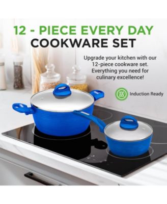 Kitchenware Pots & Pans Set - Stylish Kitchen Cookware, Non-Stick Coating Inside & Outside + Heat resistant Lacquer Outside, Light Gray Inside and Blue Outside (12-Piece Set)
