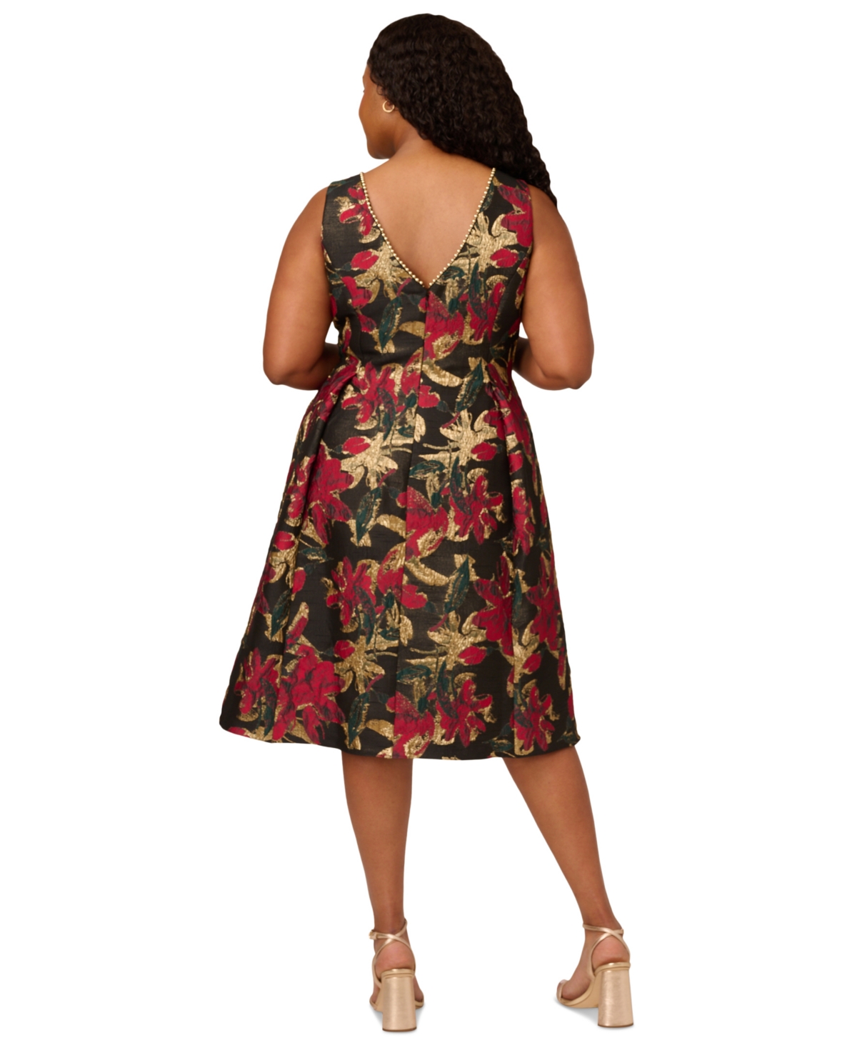Adrianna Papell Plus Size Floral Jacquard Sleeveless Fit & Flare Dress -Red