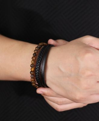Black Tigers Eye Weaved Leather Stainless Steel Bracelet