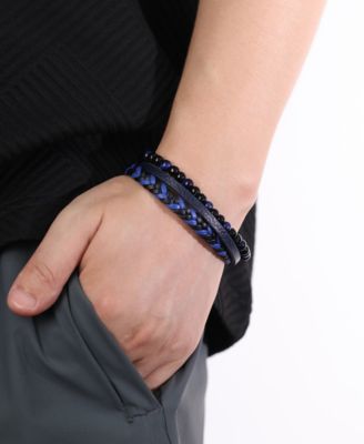 Blue Tigers Eye Weaved Leather Stainless Steel Bracelet
