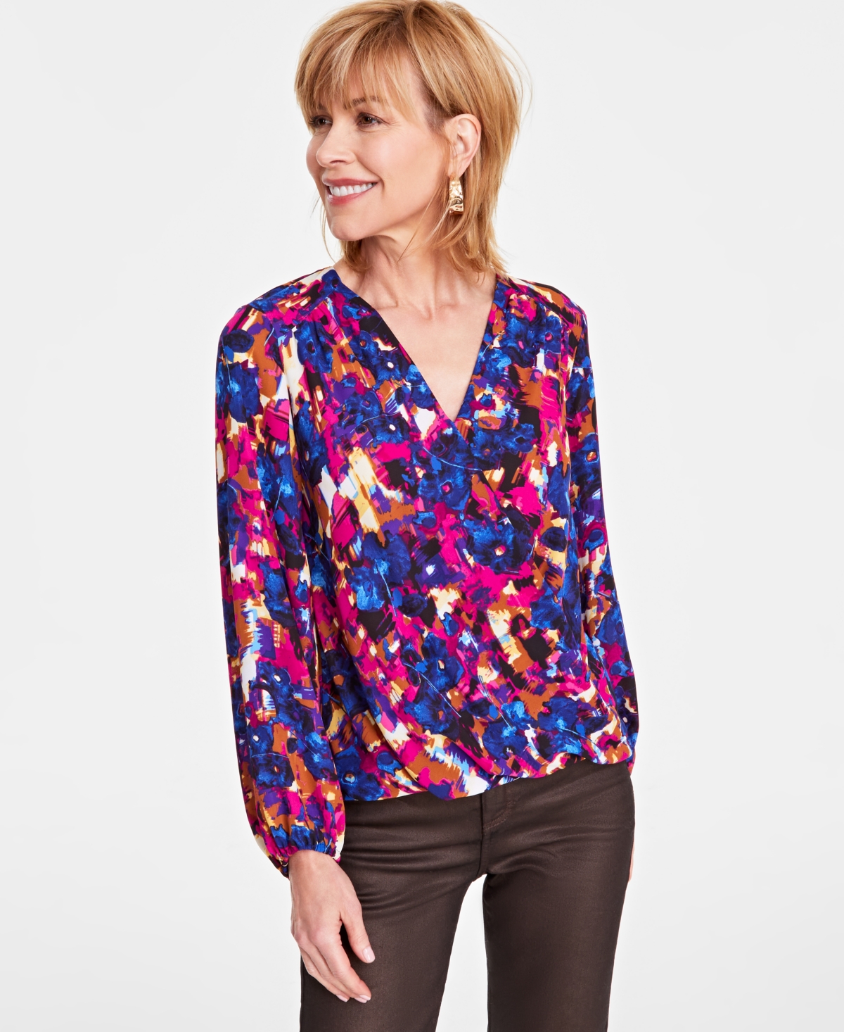 I.n.c. International Concepts Women's Printed Surplice Wrap Blouse, Created for Macy's