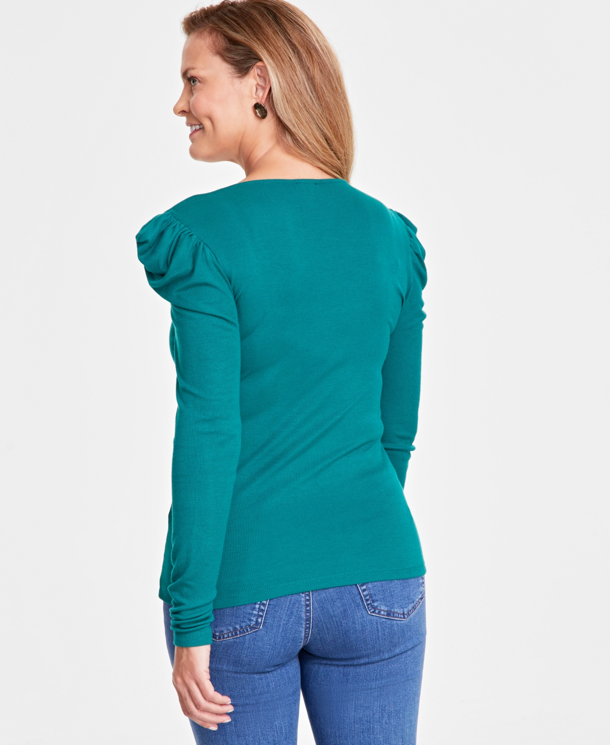 I.n.c. International Concepts Women's Puff-Sleeve Square-Neck Ribbed Top, Created for Macy's