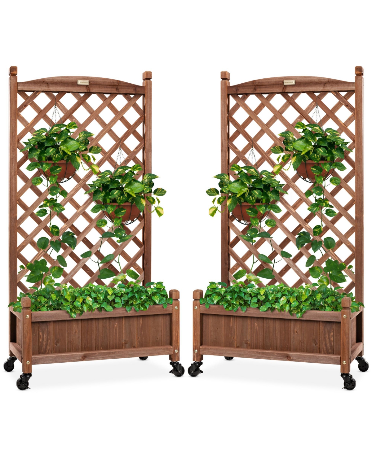 Set of 2 48in Wood Planter Box & Diamond Lattice Trellis, w/ Drainage, Optional Wheels - Walnut - Brown