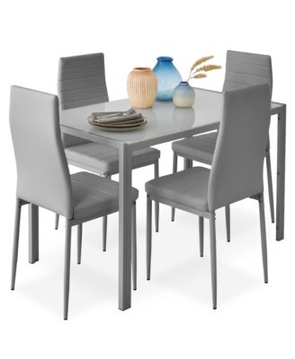 5-Piece Kitchen Dining Table Set w/ Glass Tabletop, 4 Faux Leather Chairs