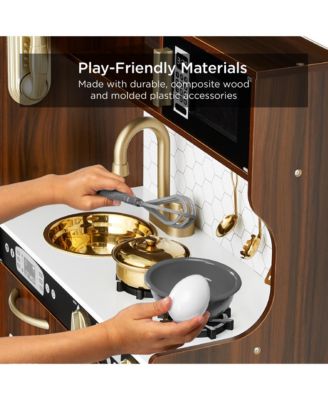 Pretend Play Kitchen Wooden Toy Set for Kids w/ Telephone, Utensils, Oven, Microwave