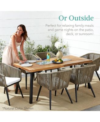 6-Person Indoor Outdoor Patio Rustic Acacia Wood Picnic Dining Table with Metal Legs