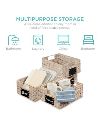 Set of 4 12in Woven Water Hyacinth Pantry Baskets w/ Chalkboard Label, Chalk Marker