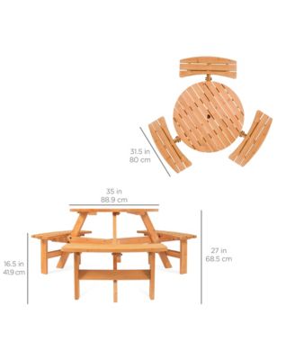 6-Person Circular Outdoor Wooden Picnic Table w/ 3 Built-In Benches, Umbrella Hole