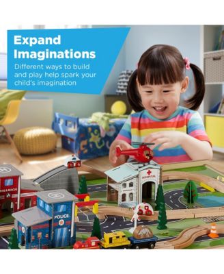 Kids 70-Piece Train Table, Large Multipurpose Wooden Playset w/ Reversible Table Top