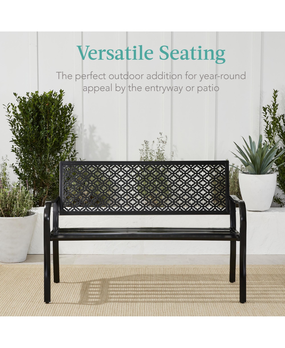 Best Choice Products Indoor Outdoor Steel Garden Bench w/ Geometric Backrest, Foot Levelers