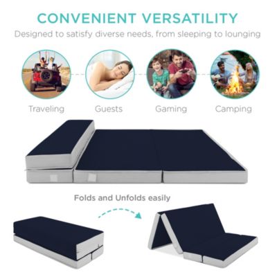 4in Thick Folding Portable Midnight Blue Mattress Topper w/ Carry Case, Washable Cover