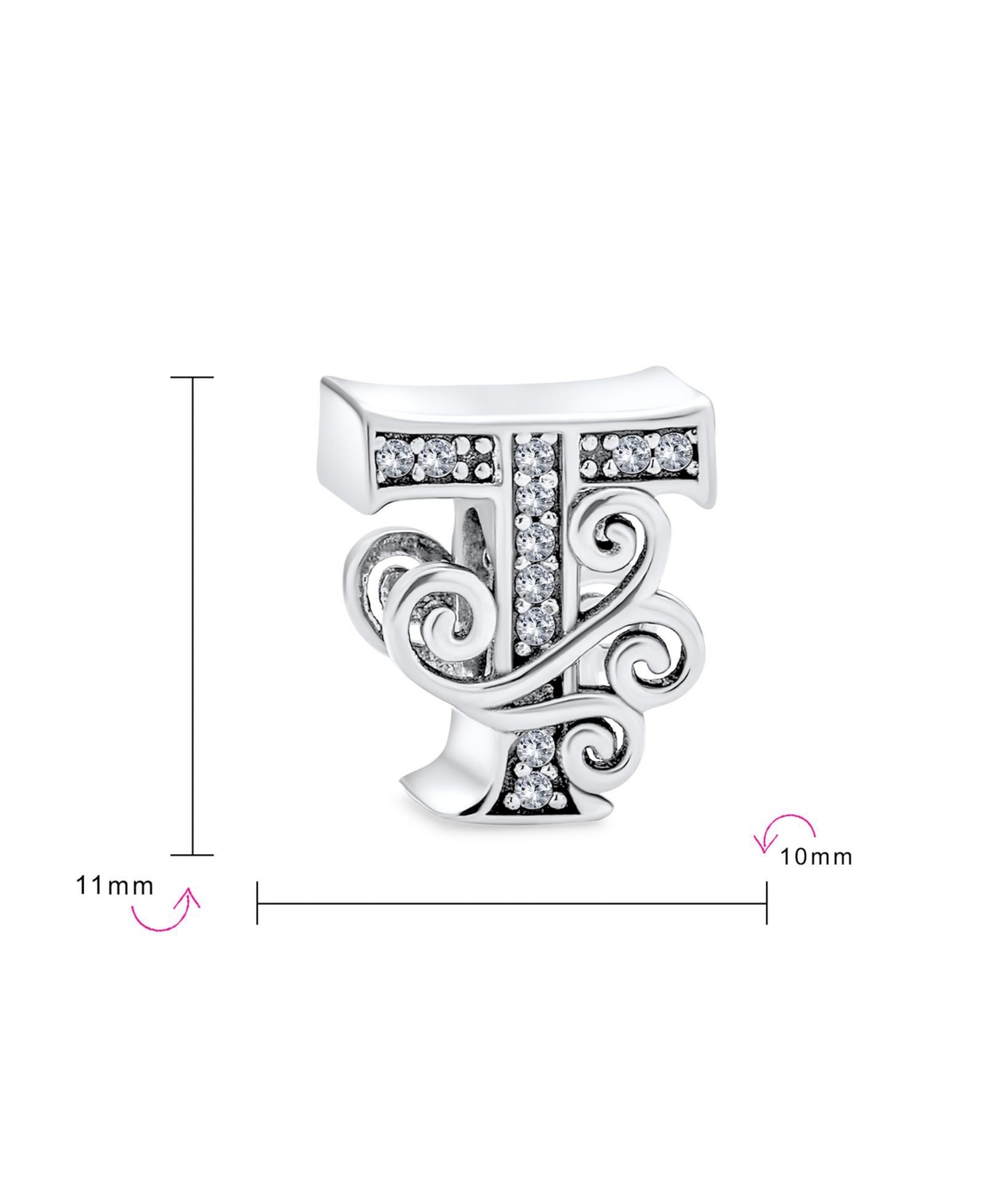Bling Jewelry Fancy Scroll Cz Sparkle Block Letter A-z Alphabet Initial Charm Bead For Women Shiny .925 Sterling Silver For European Bracelet - Silver