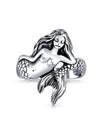 Nautical Marine Life Tropical Beach Nymph Siren Mermaid Ring Oxidized .925 Sterling Silver 2MM Band