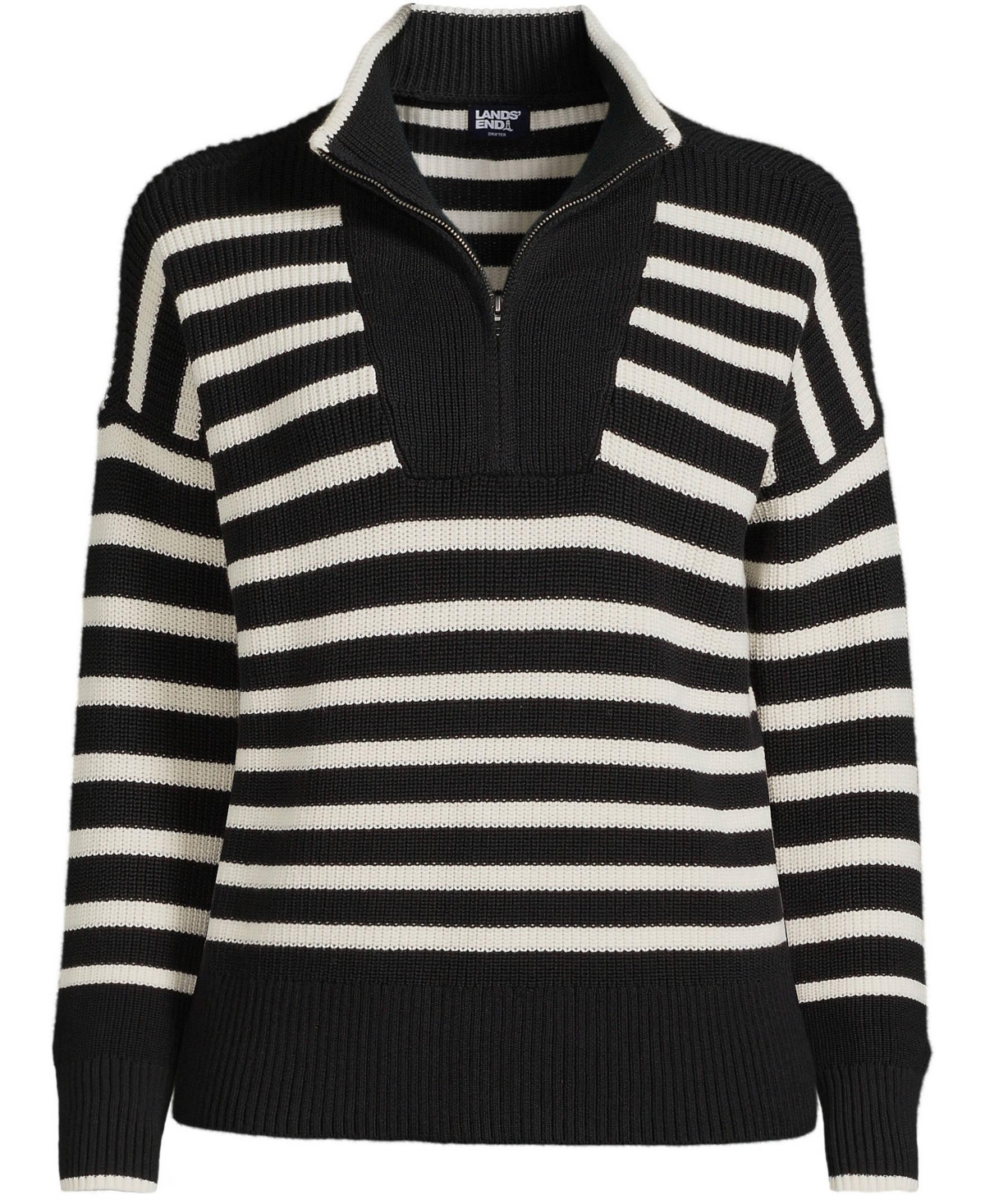 Lands' End Plus Size Drifter Cotton Quarter Zip Pullover Sweater -fresh ivory stripe