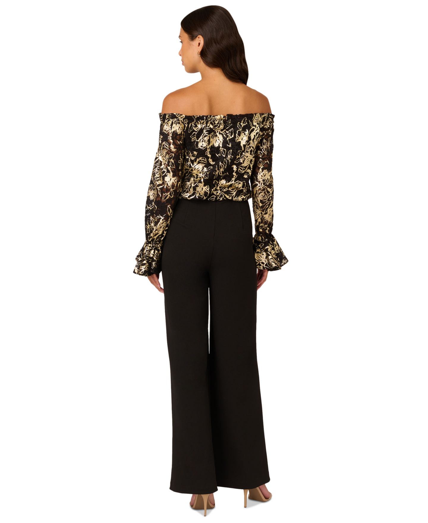 Женский комбинезон Adrianna Papell Off-The-Shoulder Lace & Crepe Jumpsuit, цвет: Чёрный / Золотой — фото 2