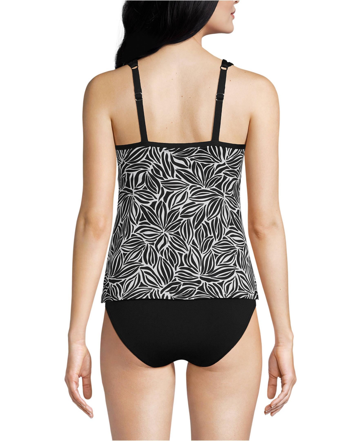 Lands' End Women's Chlorine Resistant Smoothing Control Mesh High Neck Tankini Swimsuit Top -white abstract floral
