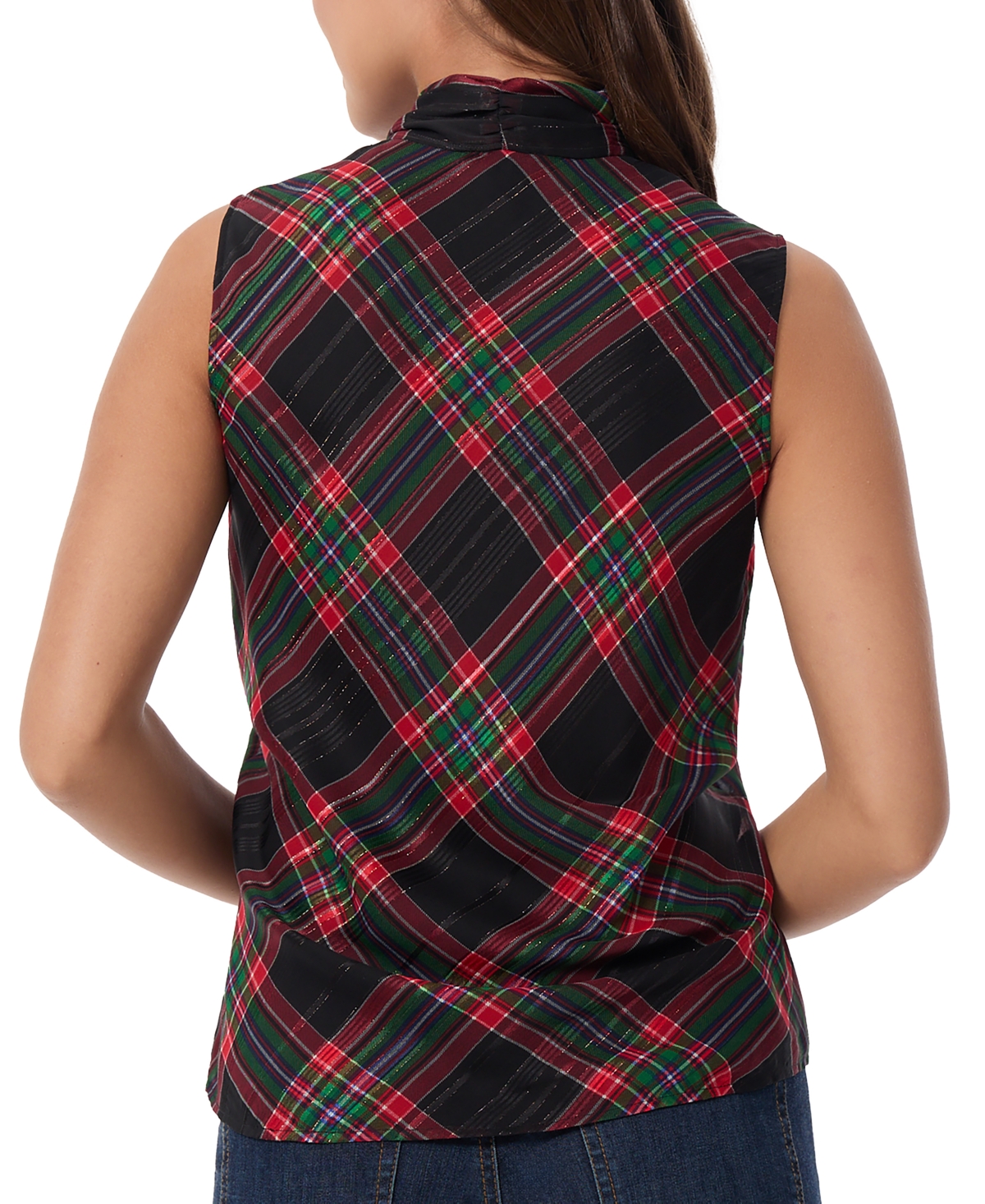 Jones New York Petite Plaid-print Bow-tie Sleeveless Top In Deep Rouge