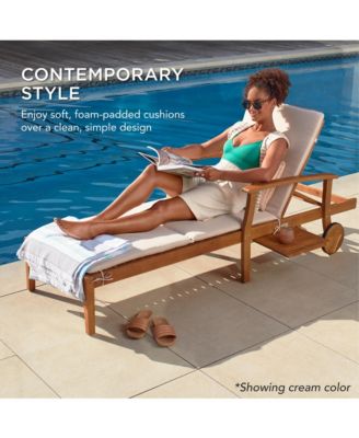 79x26in Acacia Wood Outdoor Chaise Lounge Chair w/ Adjustable Backrest, Table, Wheels