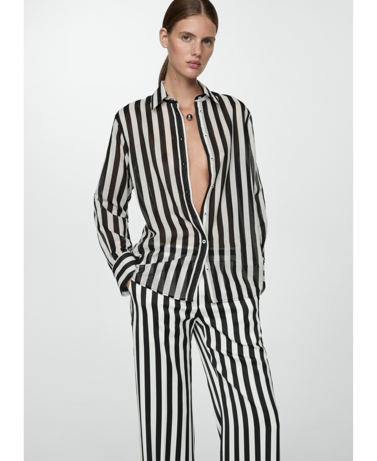 Mango Women's Semi-Transparent Striped Cotton Shirt