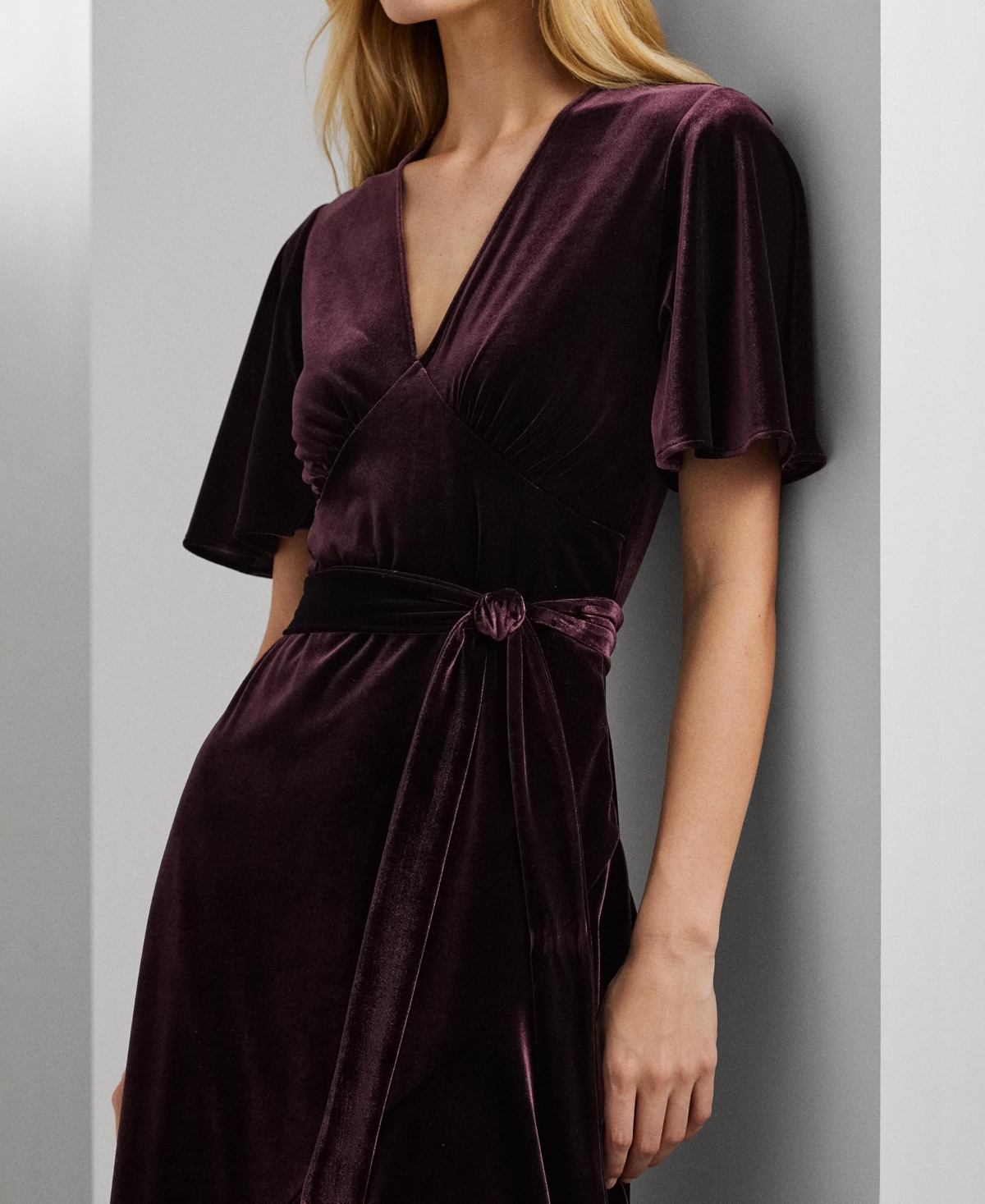Lauren Ralph Lauren Women's Belted Velvet Flutter-Sleeve Dress