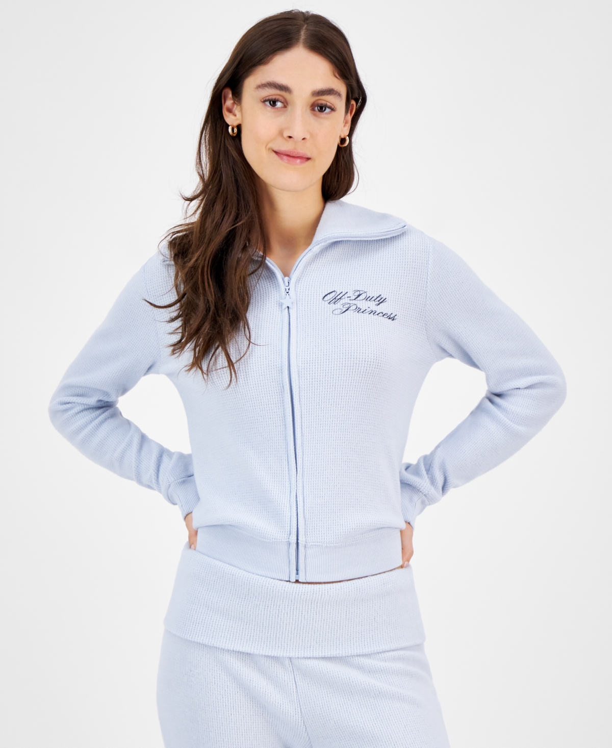Grayson Threads, The Label Juniors' Off-duty Princess Cozy Waffle Knit Zip-up Top In Light Blue