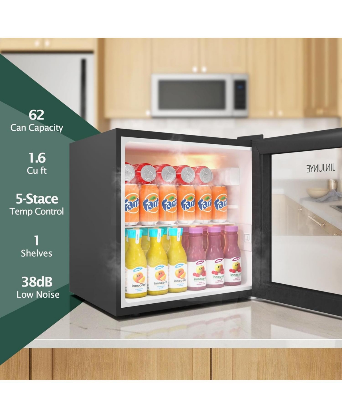 Jinjunye Beverage Refrigerator Cooler, 62 Can 1.6 Cu.ft Mini Fridge, Refrigerator with Glass Door for Beer Drinks Soda Wine, Freestanding Counte