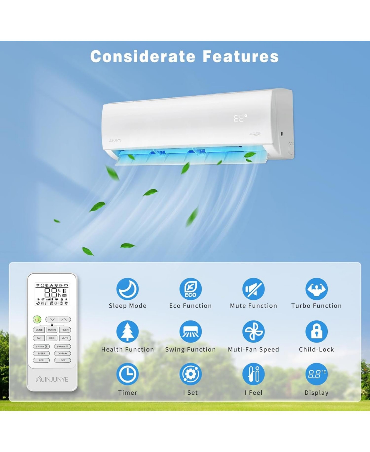 Jinjunye 12000BTU Mini Split Air Conditioner Ductless Inverter Heat Pump, 208-230V 19SEER2,Min Split Ac/Heating System, Energy Saving, Cooler up to 75