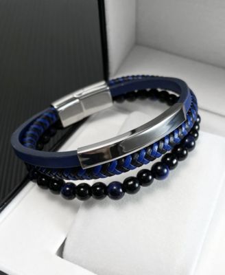 Blue Beaded Plated Leather Stainless Steel Bracelet